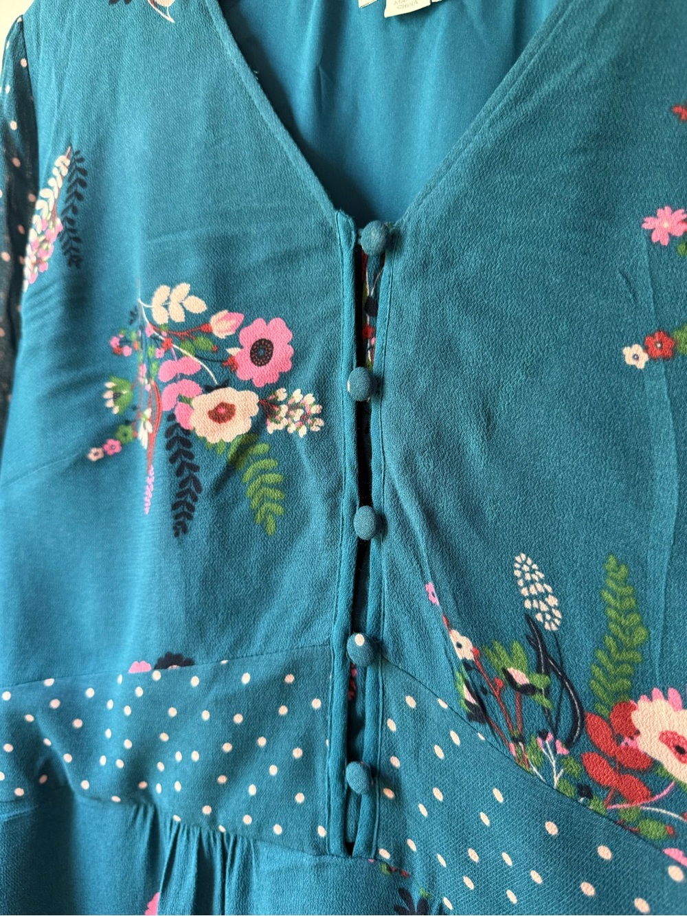 Boden Teal Floral Button-Front Long-Sleeve Mini Dress with Pink Accents - Picture 6 of 8